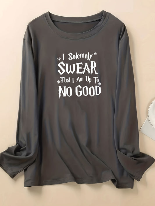 Plus Size Lounge Top Women's Plus Letter Graphic Long Sleeve Round Neck