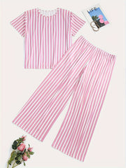  Striped Pattern Pajamas Set Short Sleeve Top & Pants 2 Piece