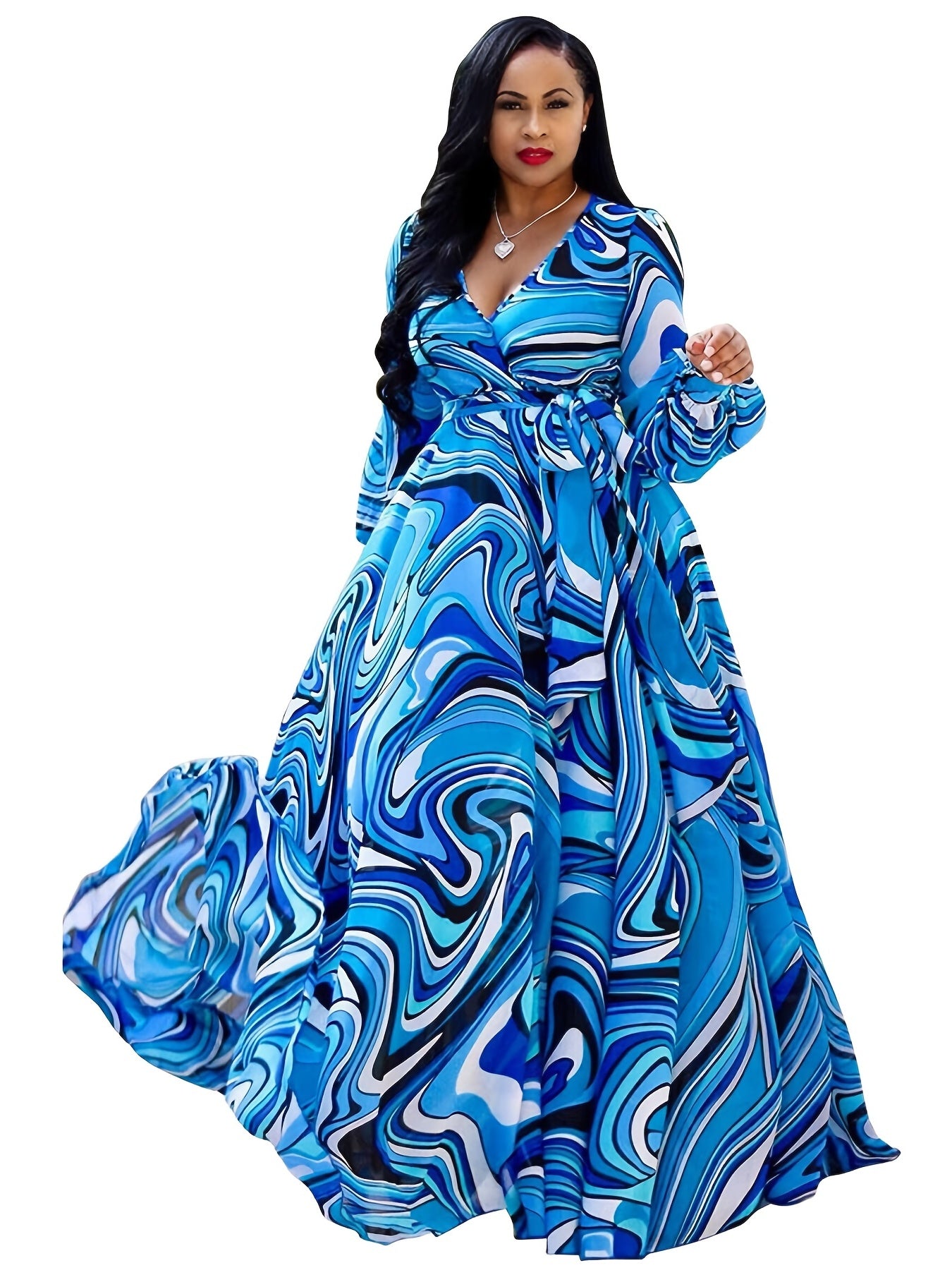 Women's Plus Fluid Print Long Sleeve Maxi Dress