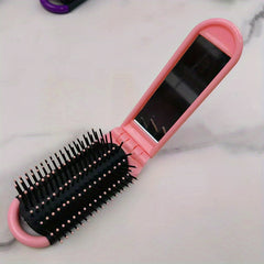 2-in-1 Foldable Hair Brush & Mirror Compact Portable Travel Purse Grooming