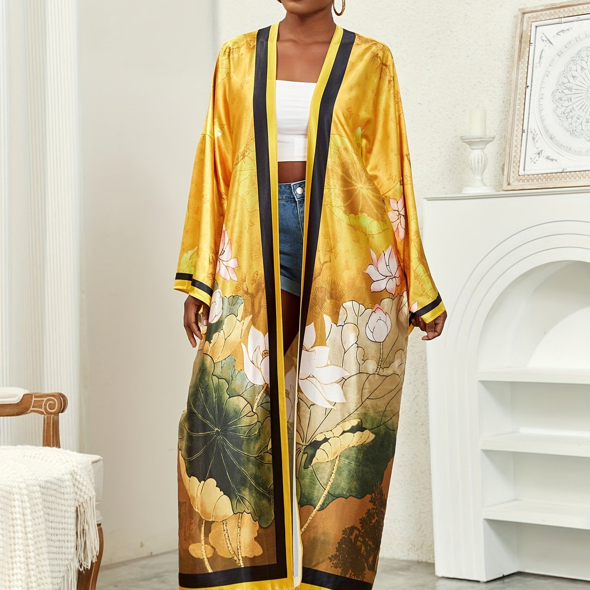 Boho Kimono Women's Plus Lotus Print Open Front Belted Cover Up