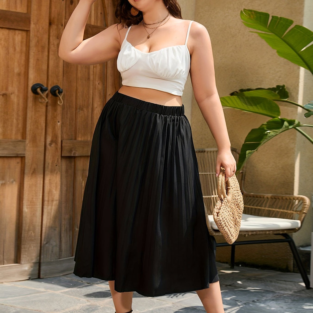  High Waisted Maxi Pleated Skirt Women's Plus Solid Slight Stretch Skir