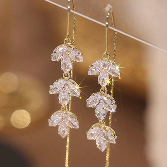 Zircon Decor Threader Earrings Maple Leaf Long Tassel Ear Accessories