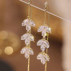 Zircon Decor Threader Earrings Maple Leaf Long Tassel Ear Accessories
