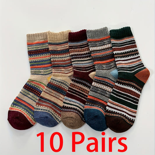 10 Pairs Striped Warm Crew Socks for Autumn Winter