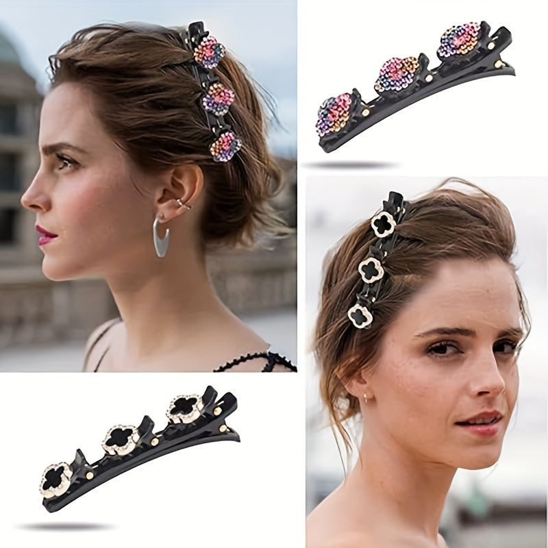 4PCS Braided Hair Clips Women Crystal Rhinestones Random Pattern
