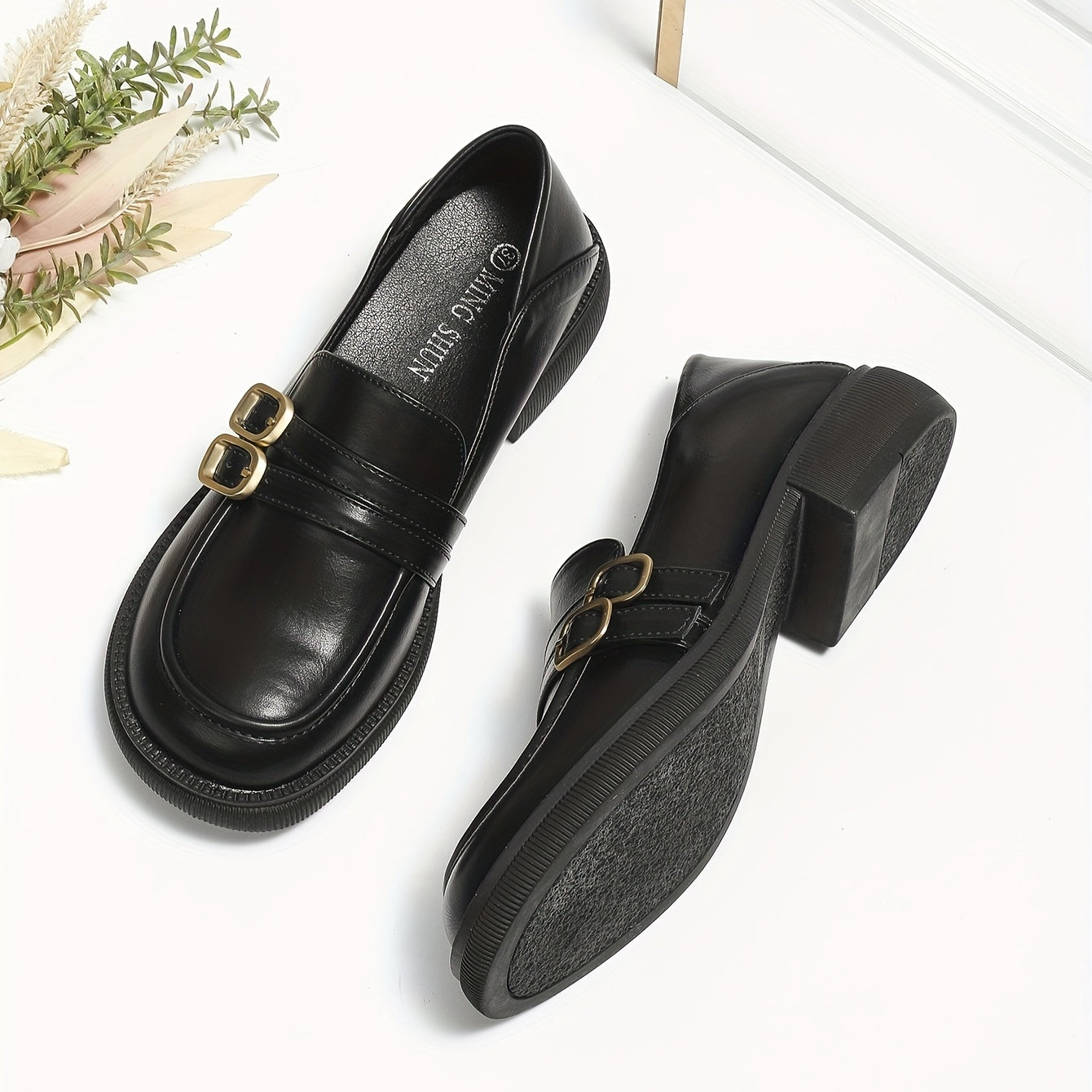 Chunky Loafers with Two Buckle Straps, Round Toe