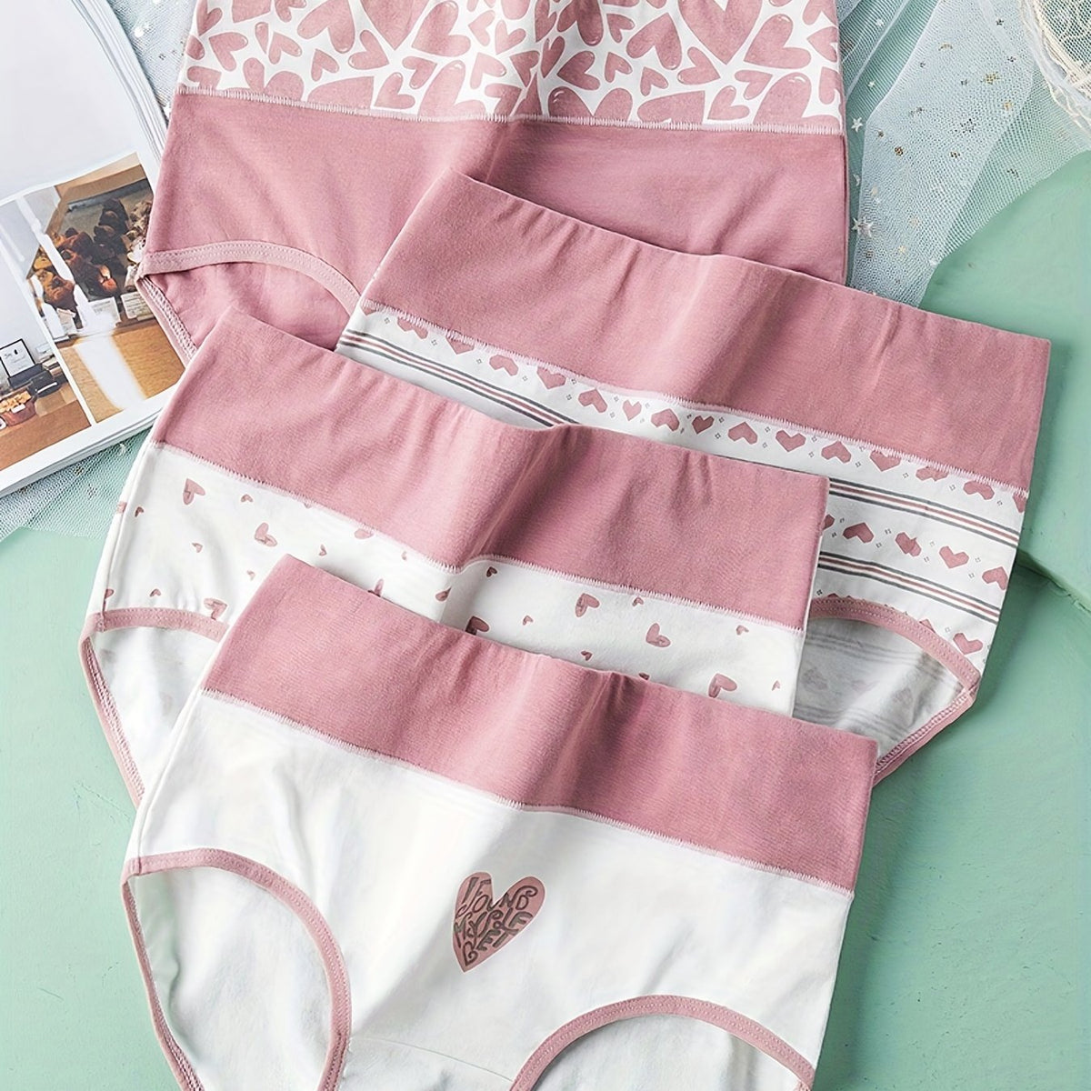 4 Heart Print Briefs High Waist Stretchy Intimates Panties Women's Lingerie