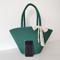 Minimalist Straw Satchel Bag Solid Handbag Travel Storage Bag