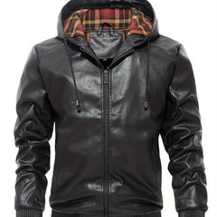 Men's Pu Leather Hooded Jacket Windproof Warm Thermal Jacket