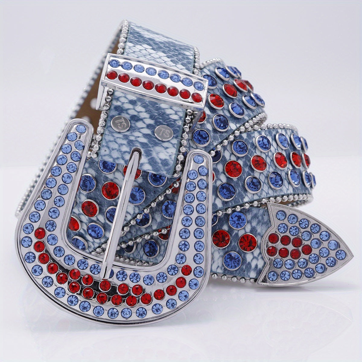 Punk Rock Wide Leather Belt with Rhinestone Inlay