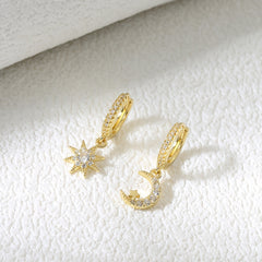 Sun & Moon Zircon Drop Hoop Earrings 18K Plated Ear Jewelry Gift
