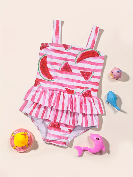 Girls Watermelon Print Tankini Swimwear Ruffle Decor