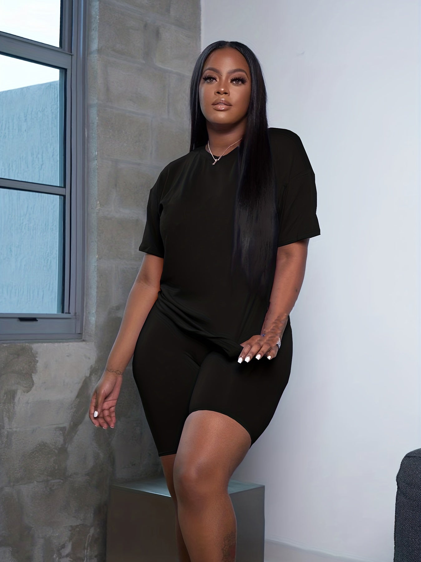 Solid Two-piece Set Short Sleeve T-shirt & High Waist Shorts