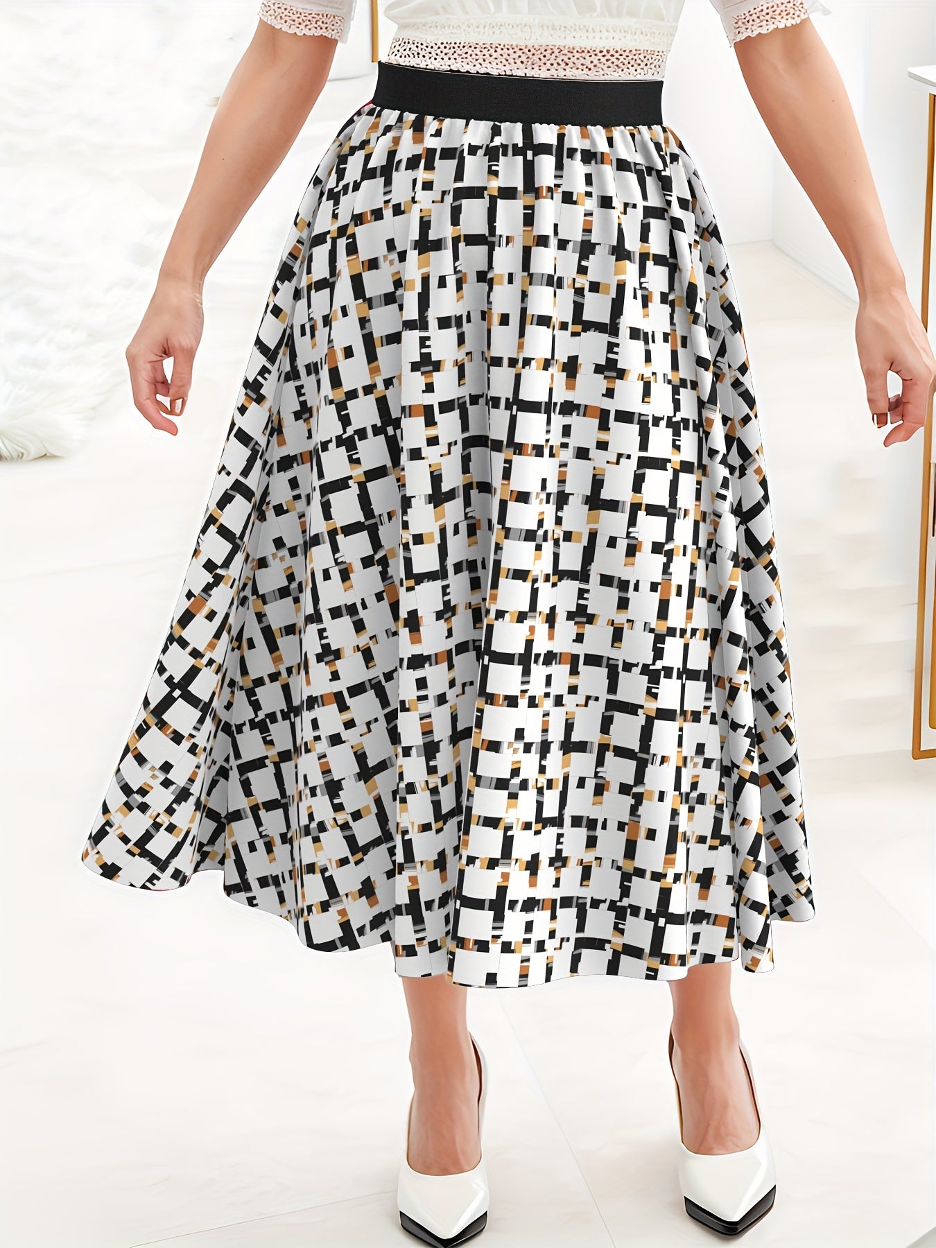 Women's Plus Grid Geometric Print High Waist A line Skirt