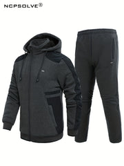 Men's Thick Sports Suit with Hooded Jacket & Stretchy Pants