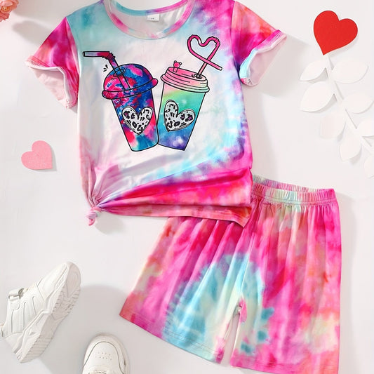 Girls' Pink Tie Dye Shorts Suit Drinks Pattern Short Sleeve T Shirt & Shorts Set