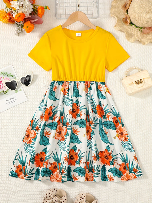 Girls Floral Splicing Casual Dress Summer Party Clothes