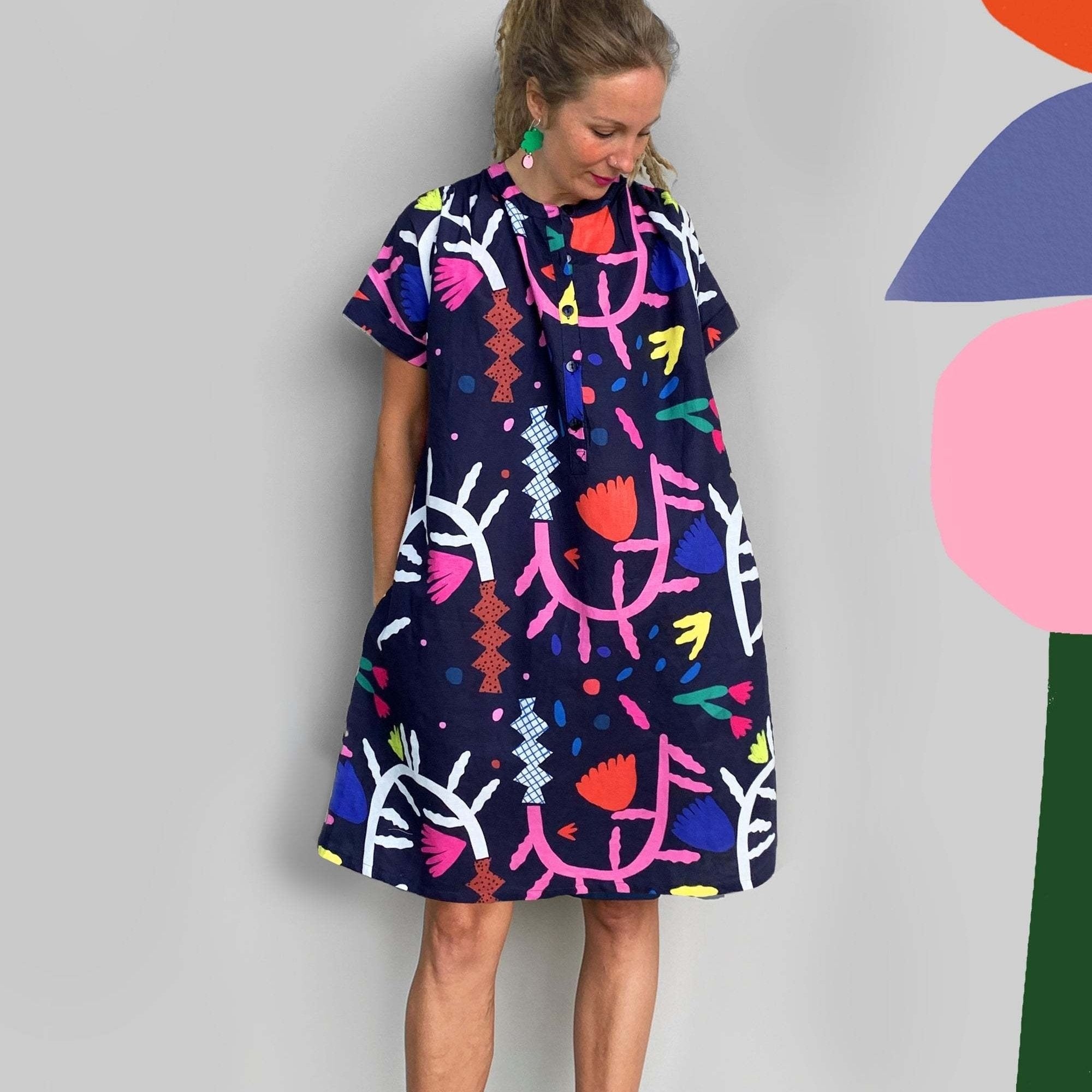  Graffiti Print Button Short Sleeve Casual Dress