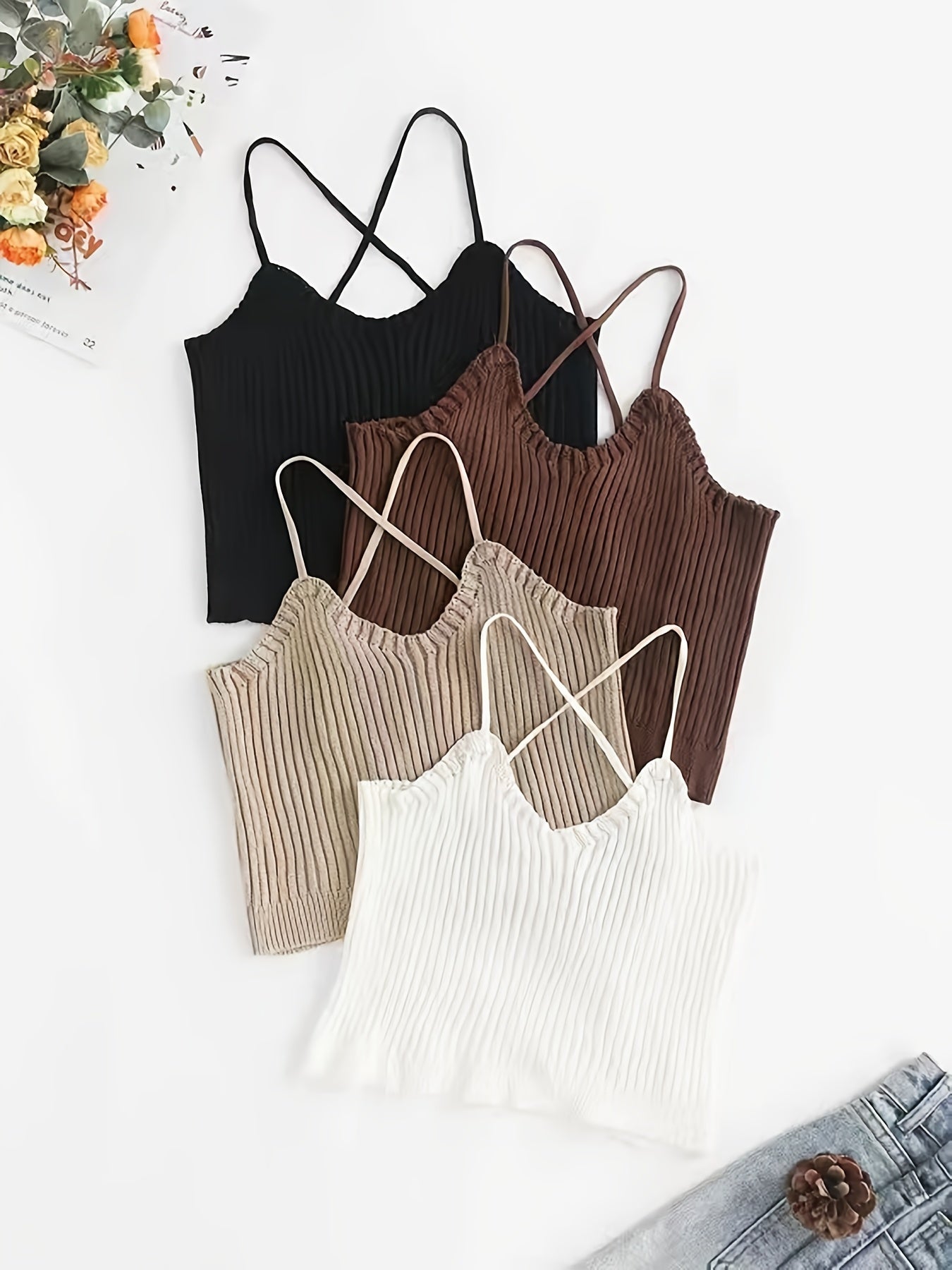 4 Pack Backless Cami Tops Stretchy Sleeveless Crew Neck Casual Women's Clothing