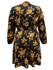  Floral Print Long Sleeve Mock Neck Stretch Dress