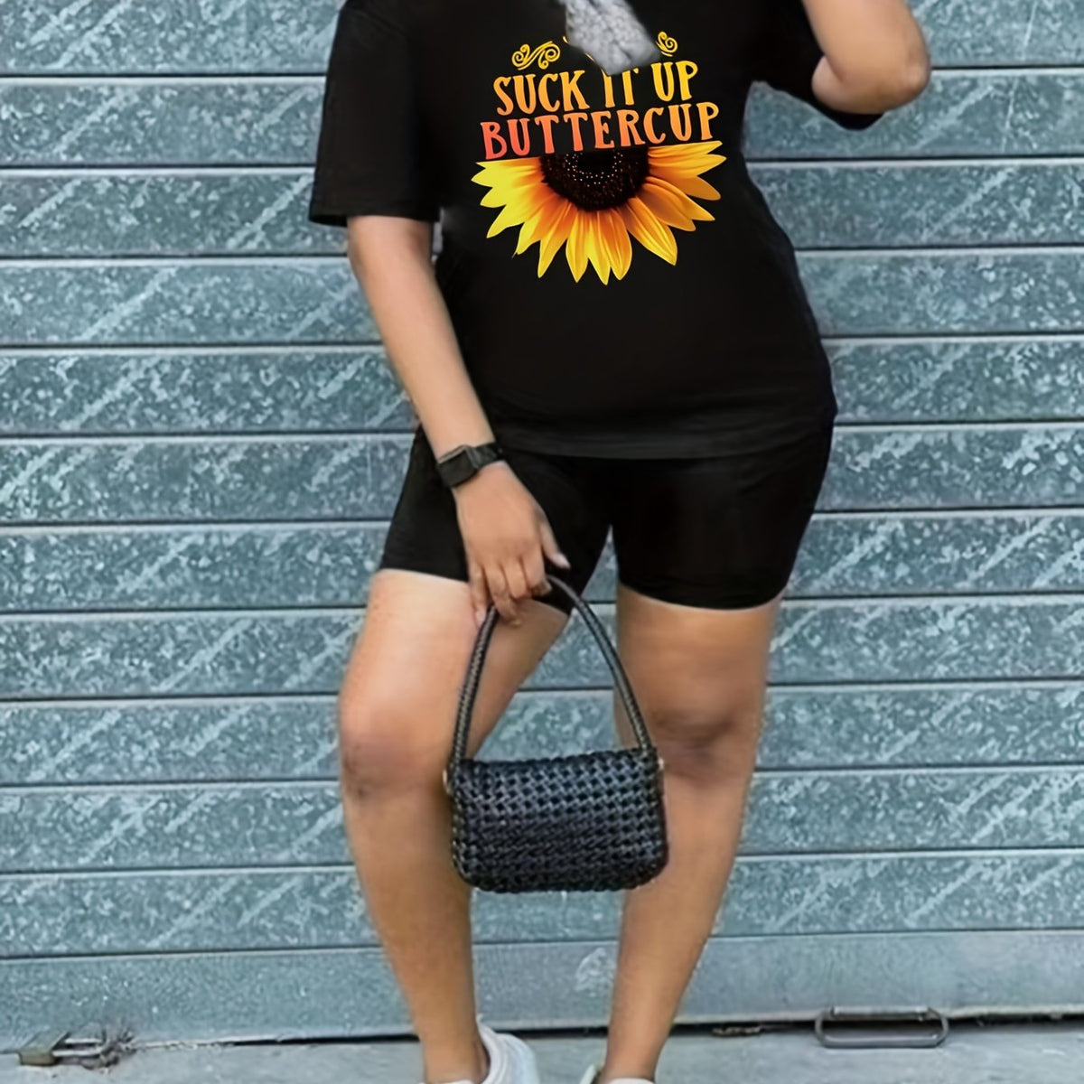  Letter & Sunflower Print Tee & Biker Shorts 2 Piece Set