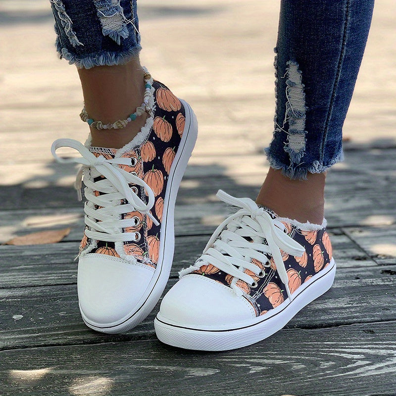 Women's Pumpkin Print Canvas Shoes Halloween Low Top Flat Walking Shoes
