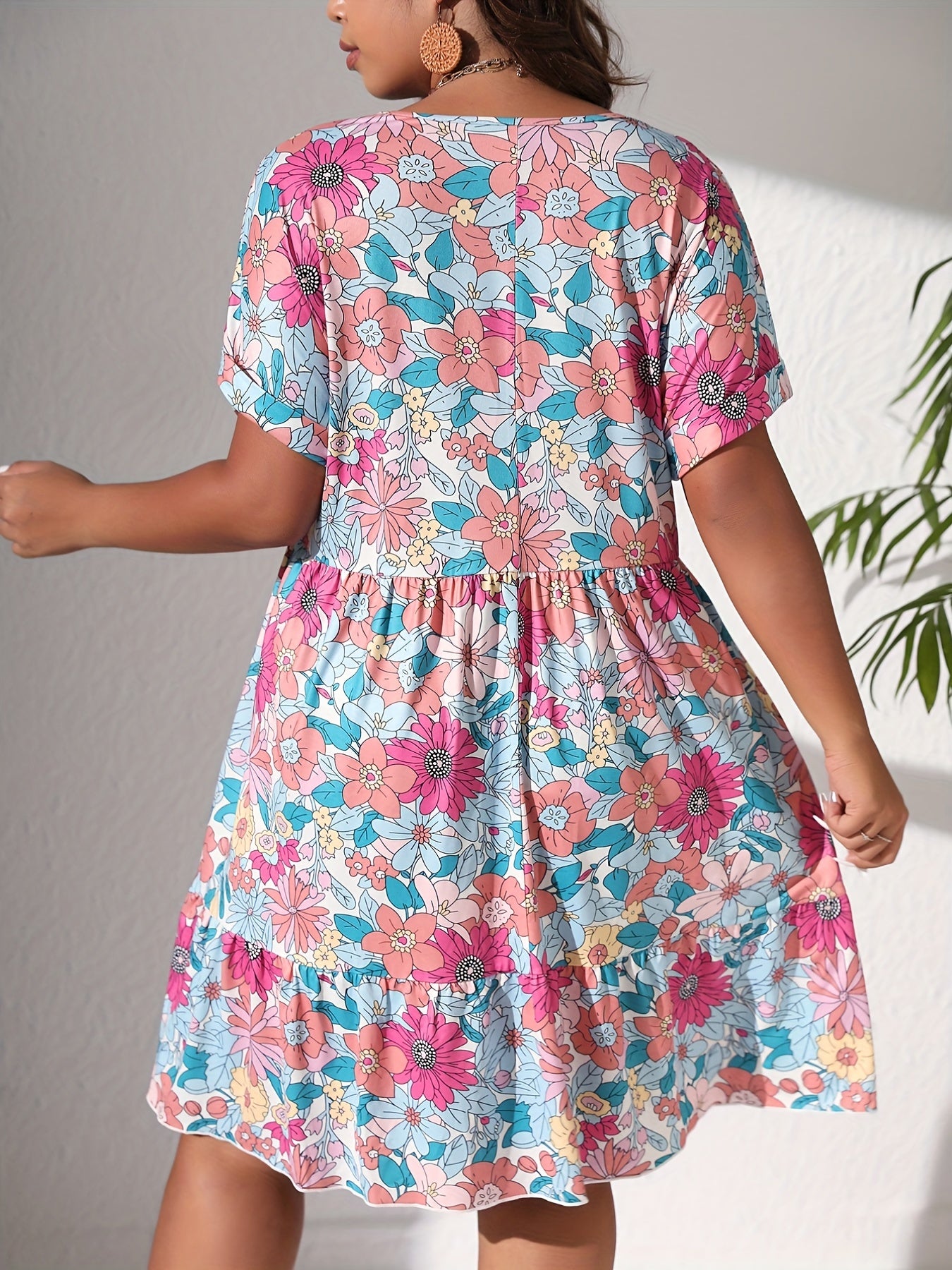  Floral Print V Neck Smock Dress