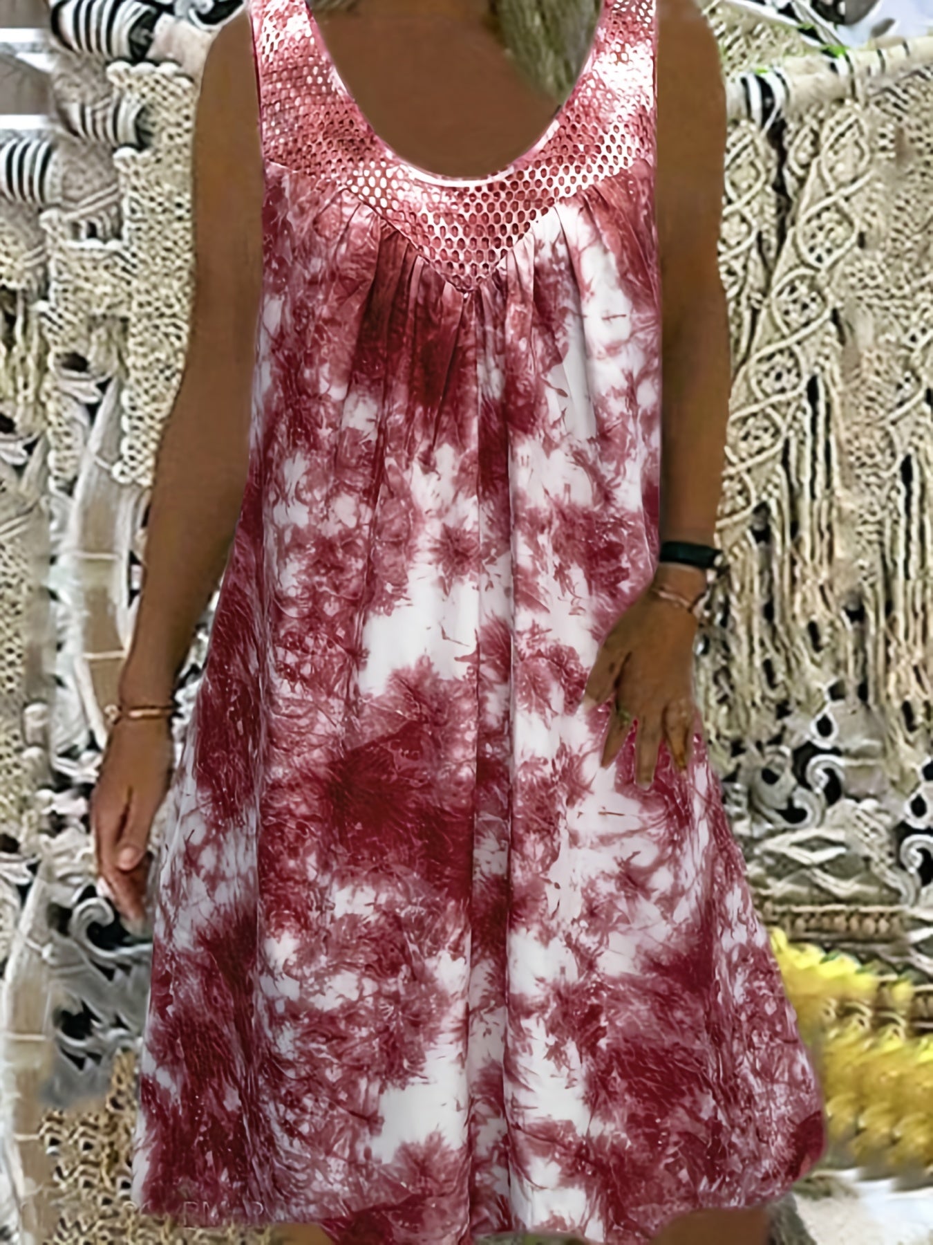  Tie Dye Eyelet Round Neck Tank Dress