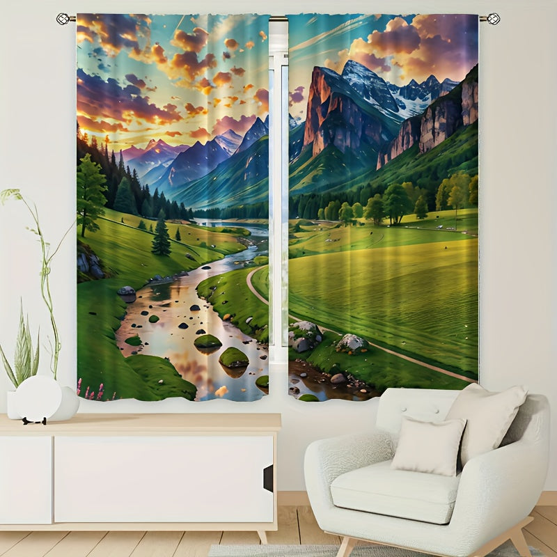 2pcs River Mountain Meadow View Curtain Window Curtain