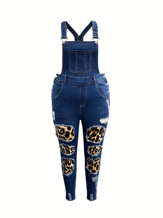  Leopard Print Ripped Denim Overalls