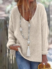 Women's V Neck Knitted Pullover Sweater Long Sleeve Casual Spring Fall
