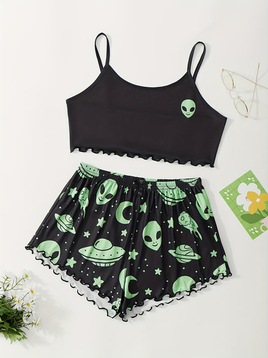 Women's Plus Alien Print Cami Top & Shorts Pajama Set