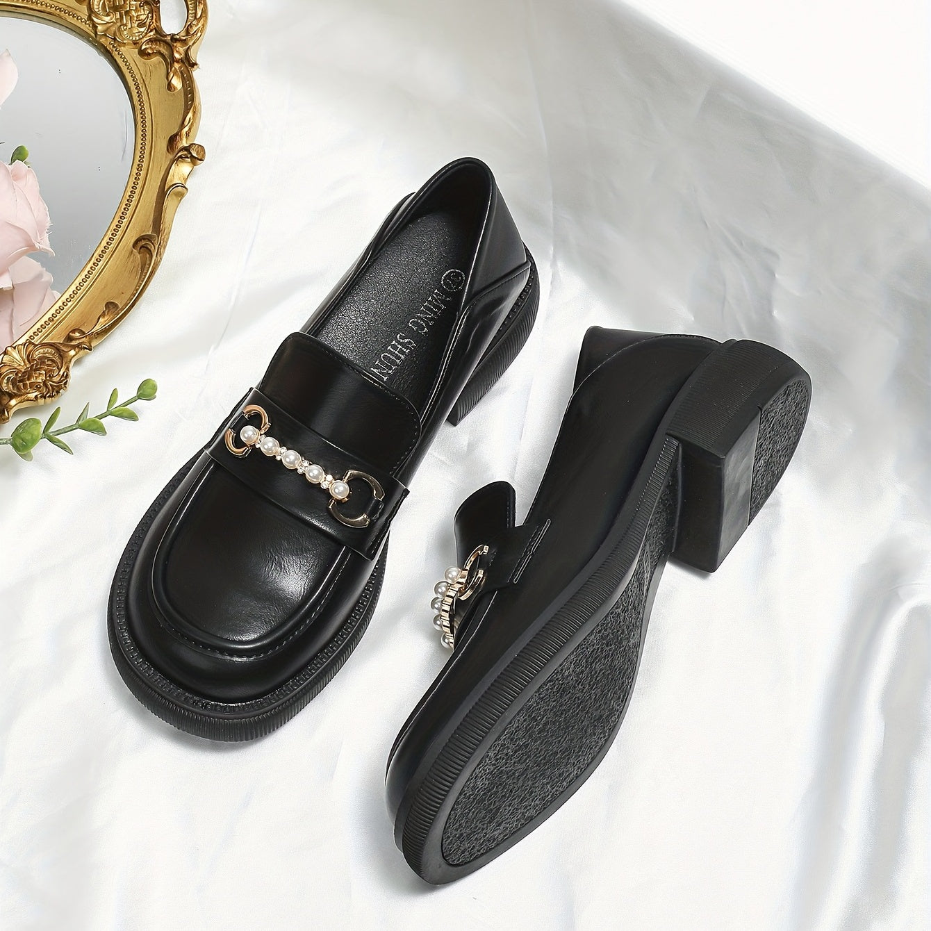 Women's Faux Pearl Loafers Slip On Chunky Shoes