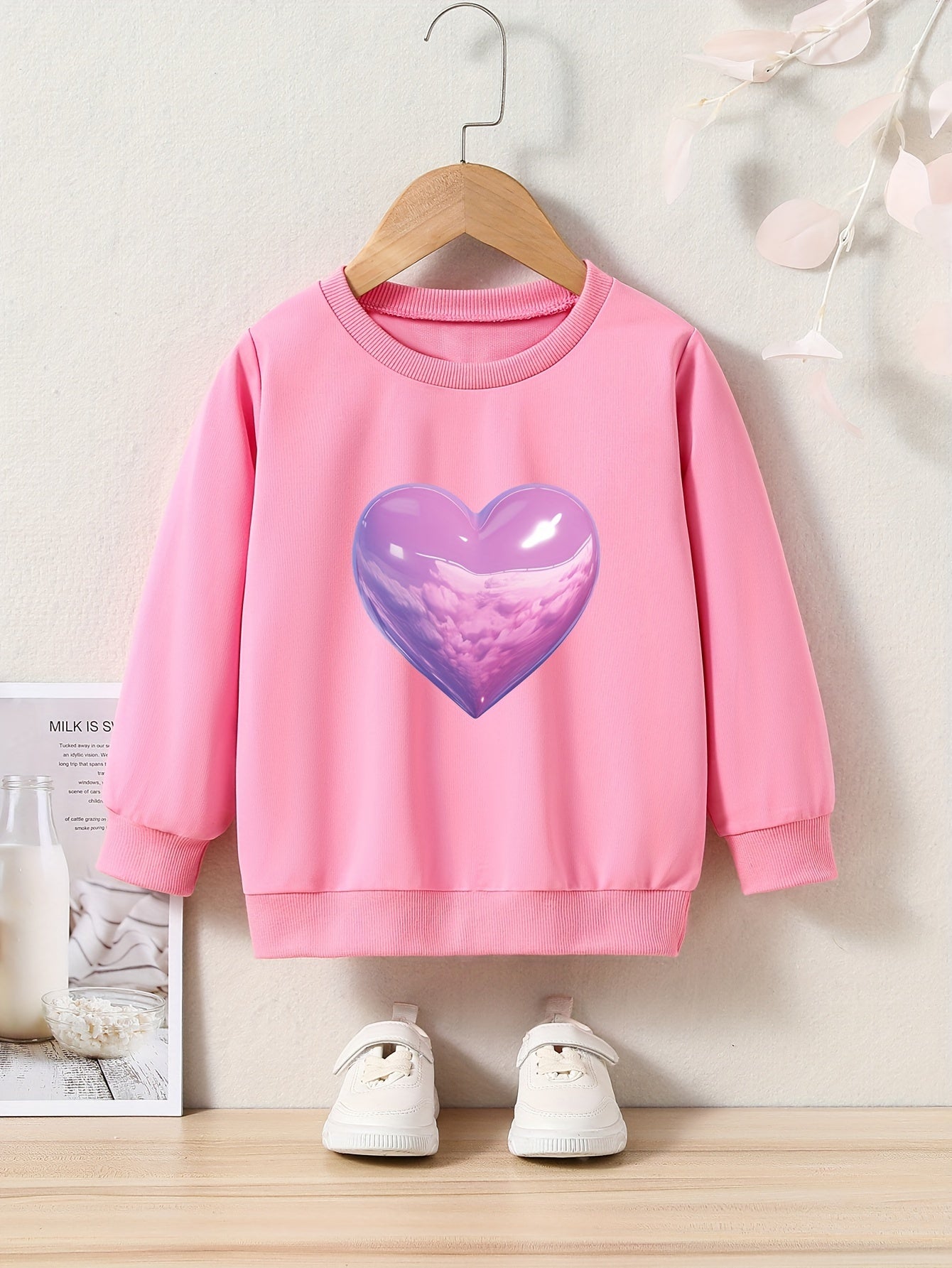 Cartoon Cloud Heart Print Girls Sweatshirt Crew Neck Tops