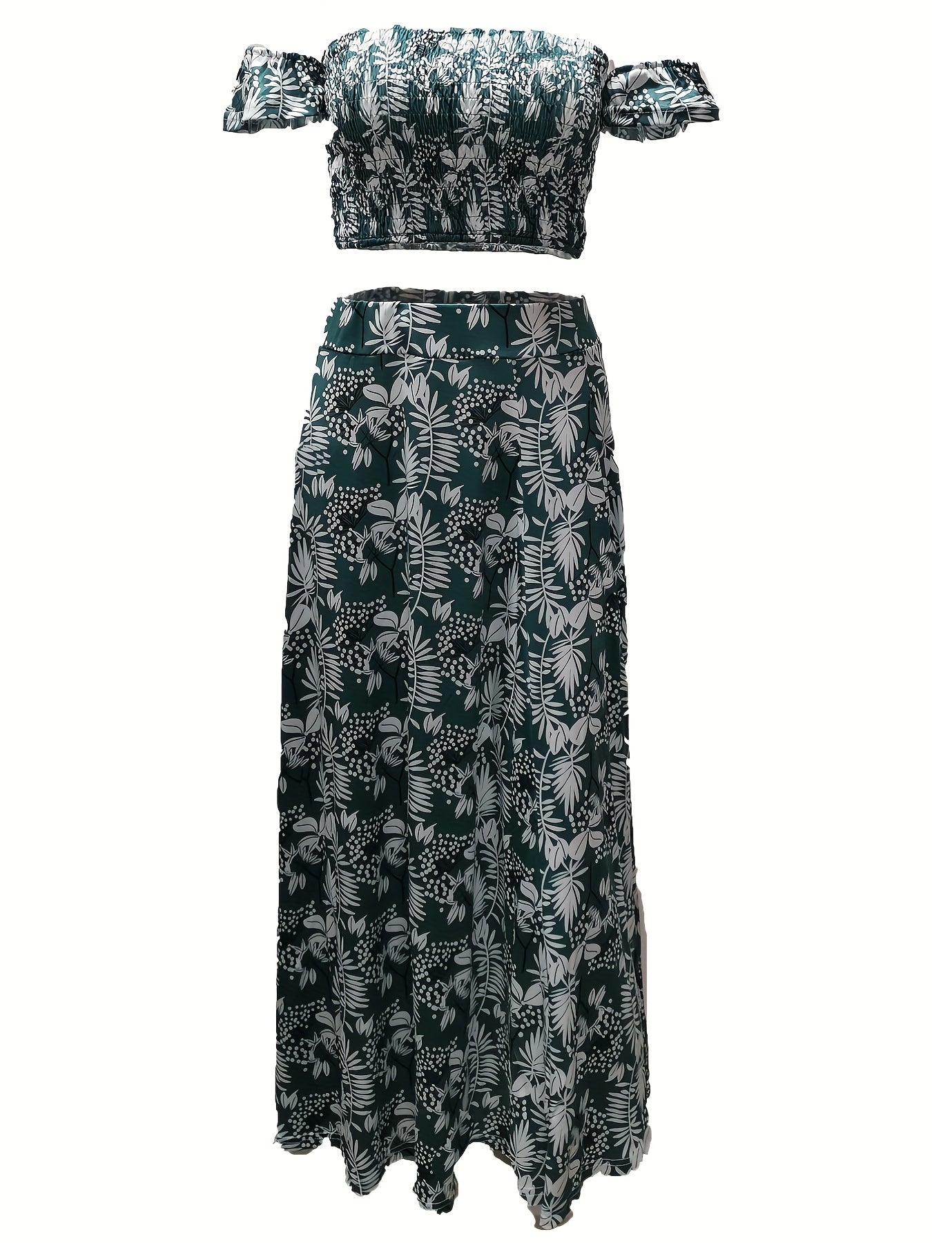 Vacation Plant Print 2pc Set Off Shoulder Tops & High Waist Skirts