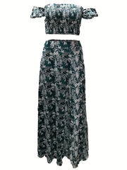 Vacation Plant Print 2pc Set Off Shoulder Tops & High Waist Skirts