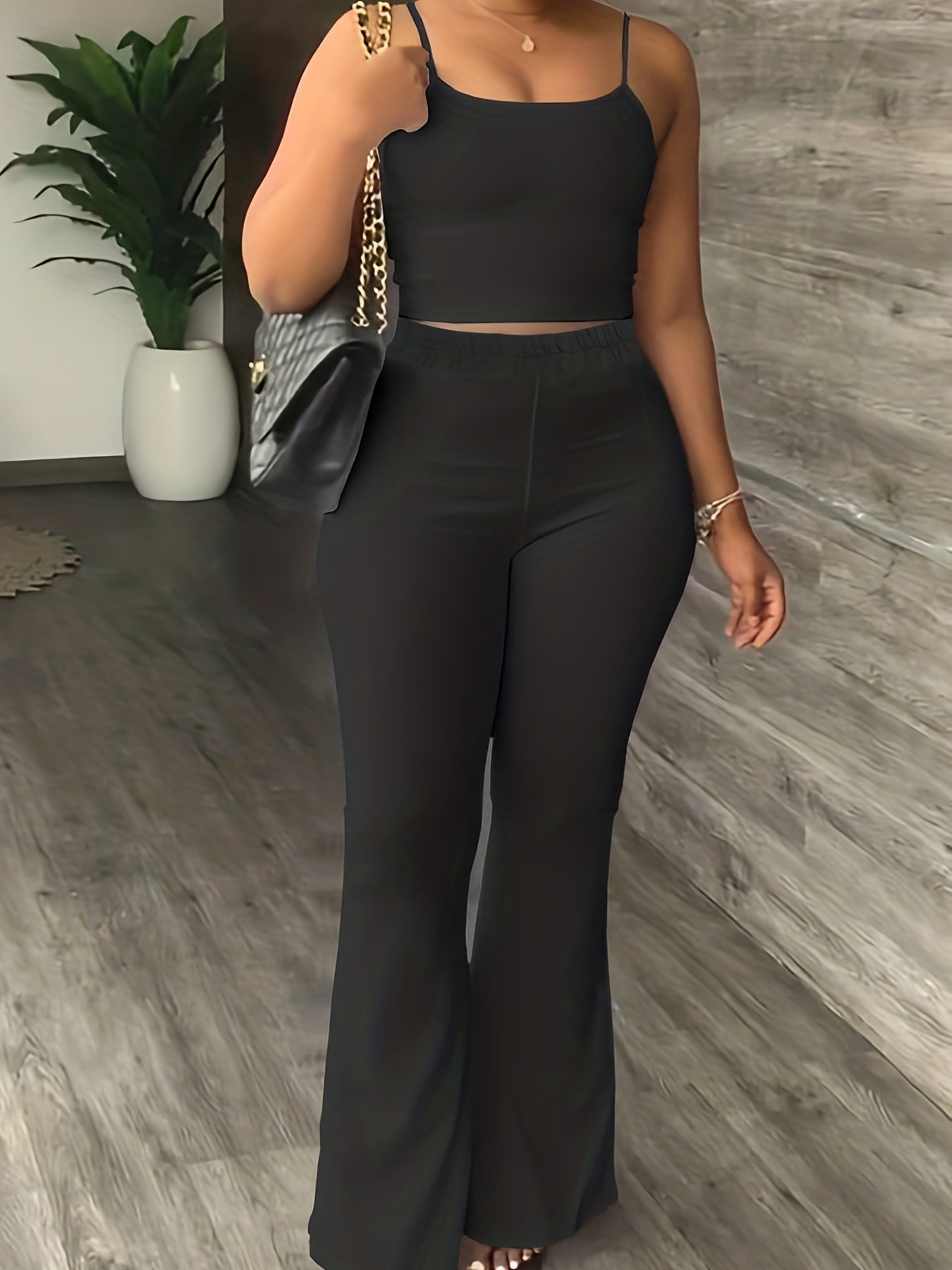  Solid Crew Neck Cami Top & Flared Leg Pants Outfits Set