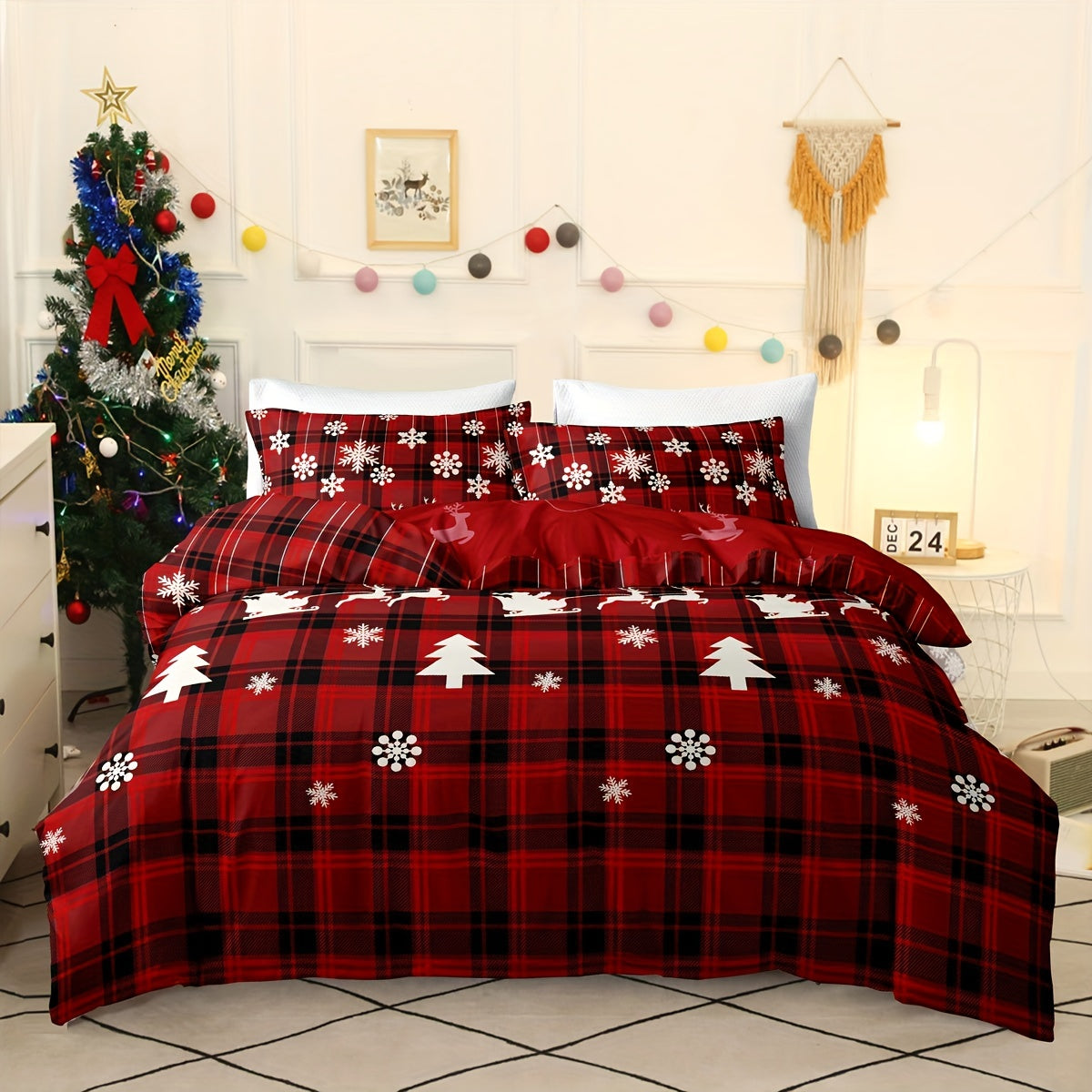 Christmas Themed Duvet Cover Set Checkered Elk Snowflake Print Soft & Breathable