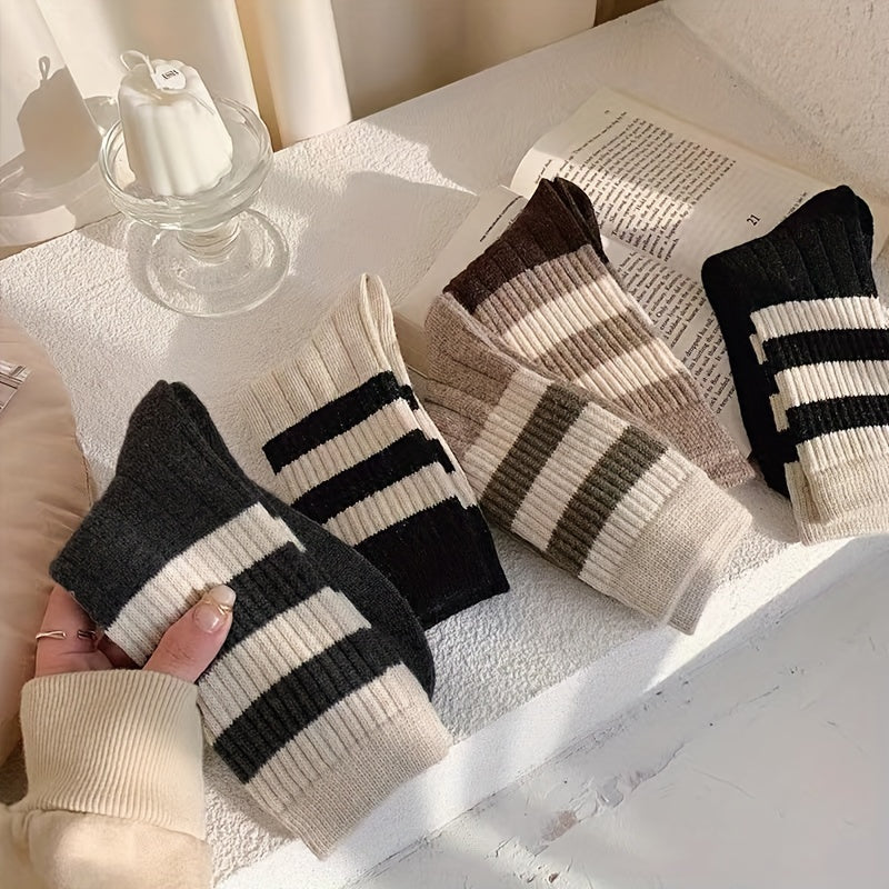 5 Pairs Striped Crew Socks Women's Stockings