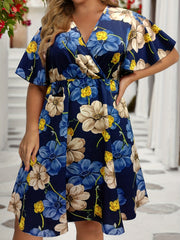 Floral Print V Neck Knee Length Dress