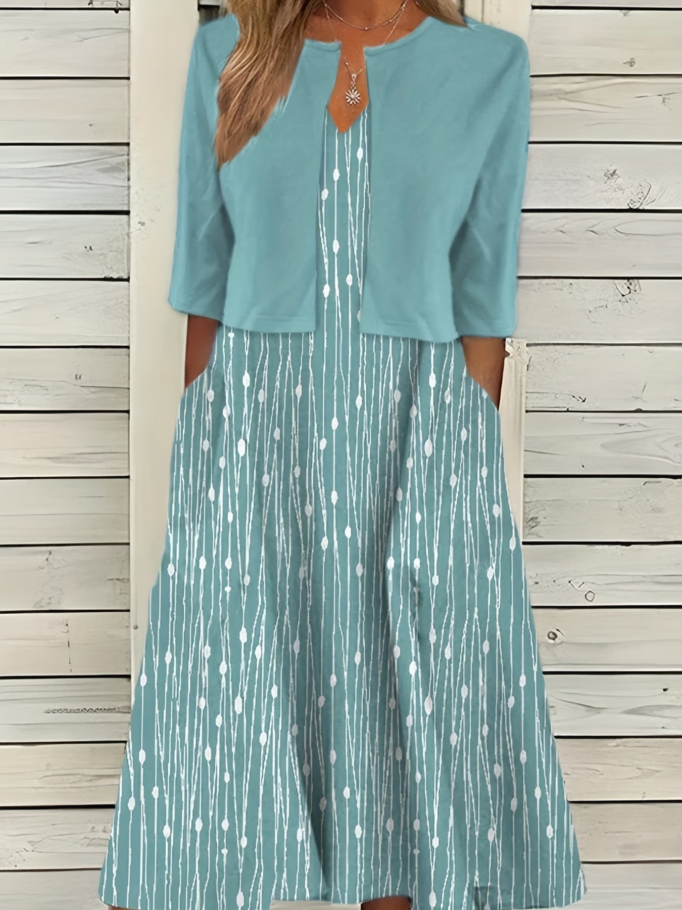 Crop Cardigan & Print V Neck Strap Dress Set