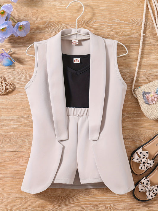 3pcs Toddler Girls Shawl Collar Vest & Shorts & Cami Top Set Summer Clothes