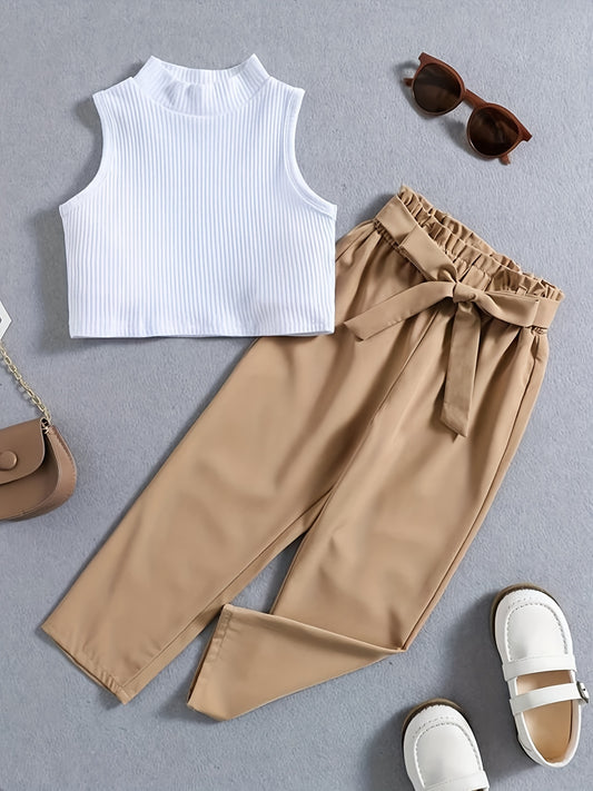 Girl's Ribbed Tank Top & Belted Pants Set for Summer