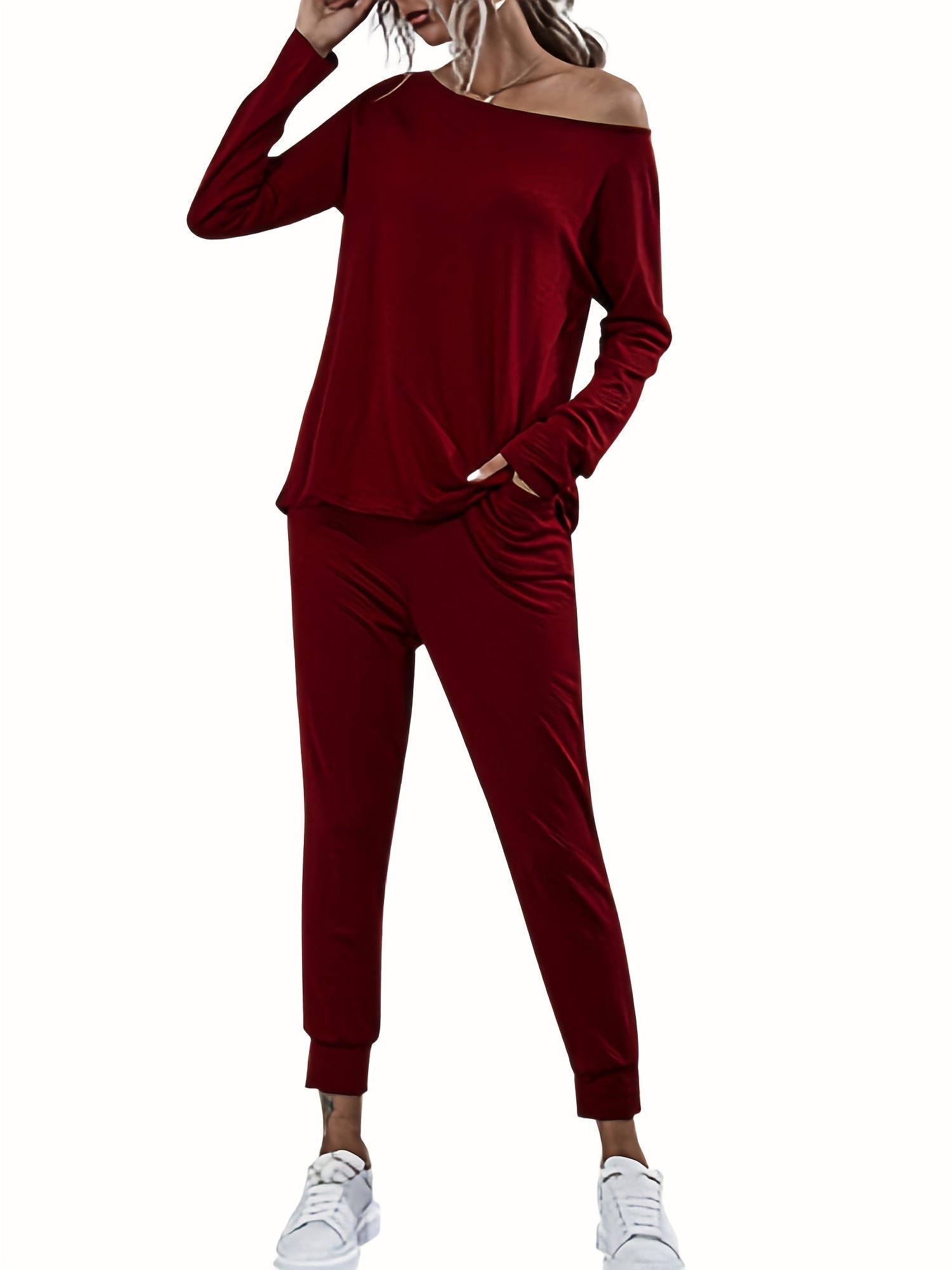  Solid One Shoulder Top & Jogger Pants Set