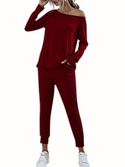  Solid One Shoulder Top & Jogger Pants Set