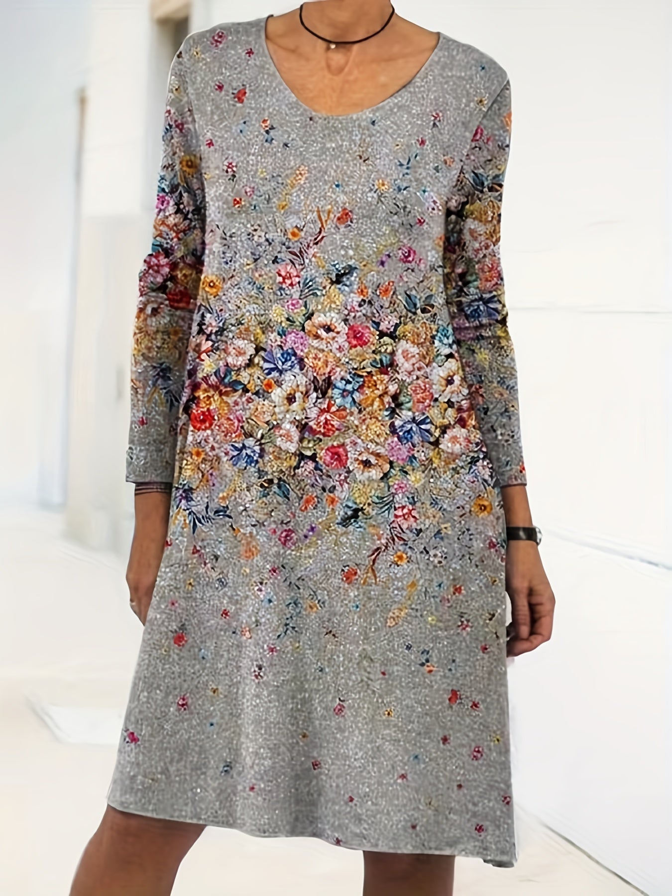  Casual Floral Print Long Sleeve Stretch Dress