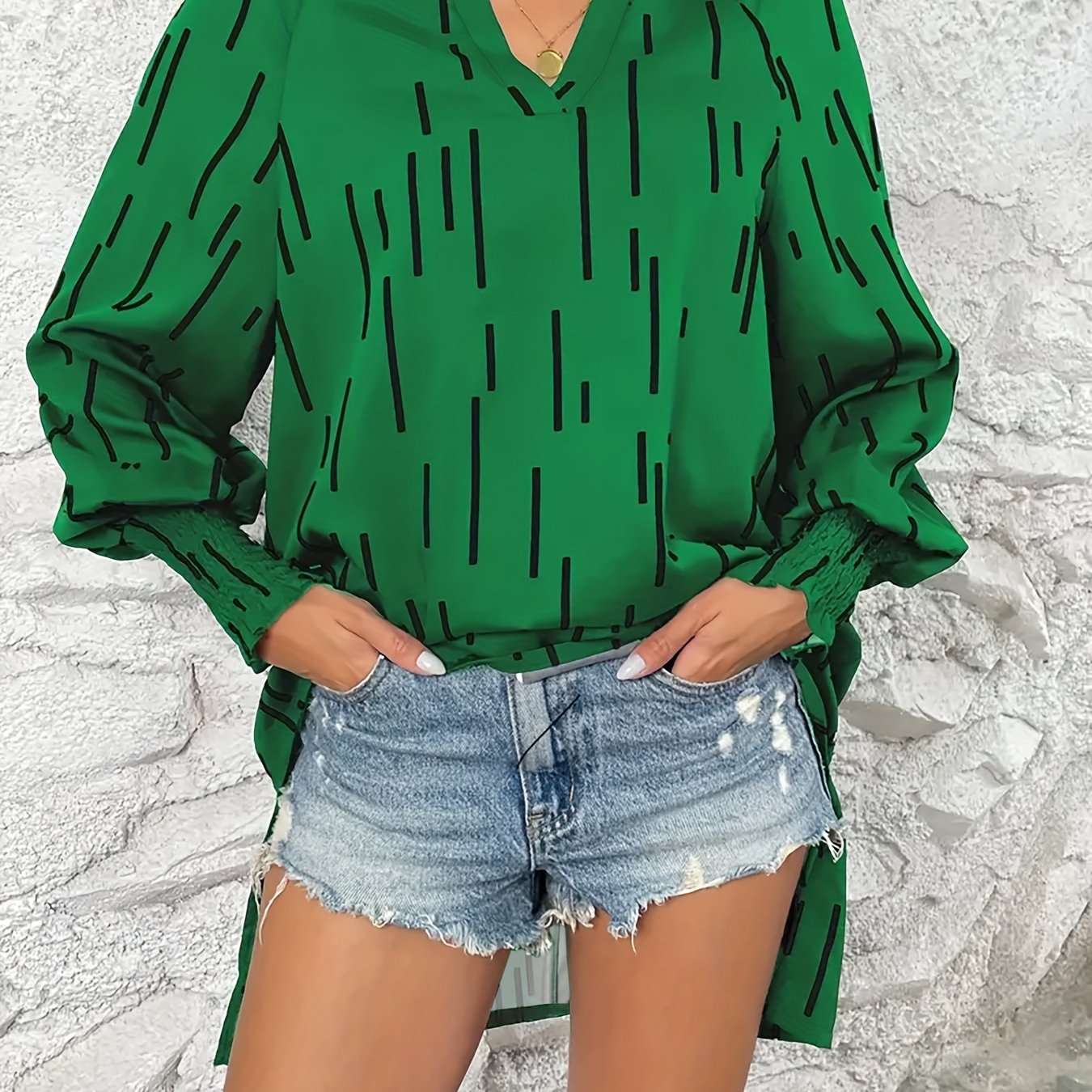  Stripe Print Lantern Sleeve V Neck Tunic Top