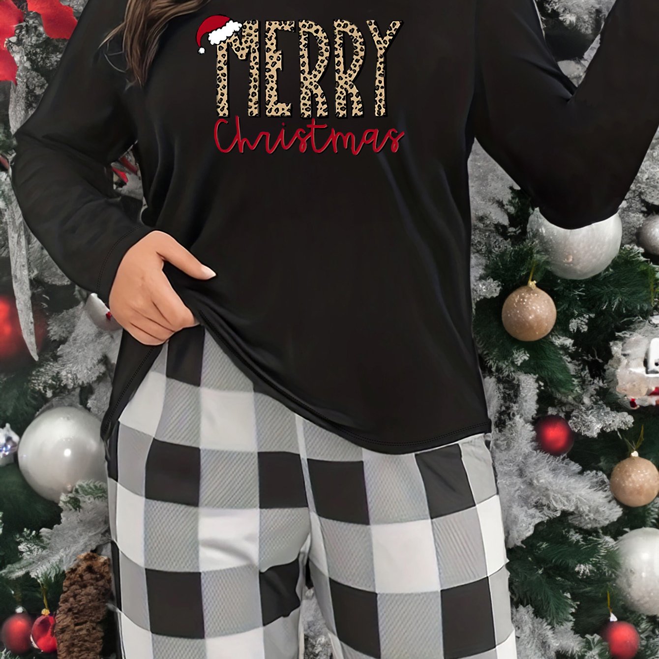 Christmas Letter Print Lounge Top Long Sleeve Crew Neck Women's Sleepwear