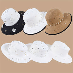 Faux Pearl Decor Sun Hat Wide Brim Straw Hat Foldable Summer Travel Beach Hats